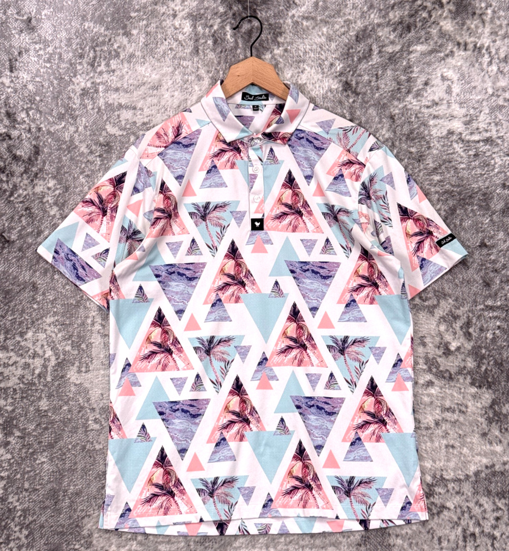 Bad Birdie Polo Shirt Medium Mens Triangle Geometric Palm Tree Performance Golf